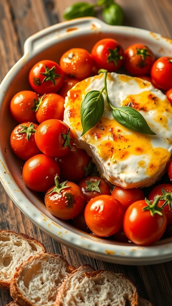 Baked Feta and Tomato Dish Baked feta cheese with cherry tomatoes and basil on a rustic table with bread.